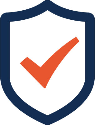 A blue-outlined shield icon with an orange check mark inside of it