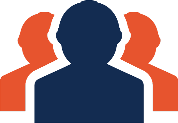 A silhouette of three people in hard hats standing together